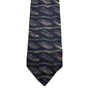 Bugatti Mens Silk Tie Navy & Gold Wave Pattern Made In USA